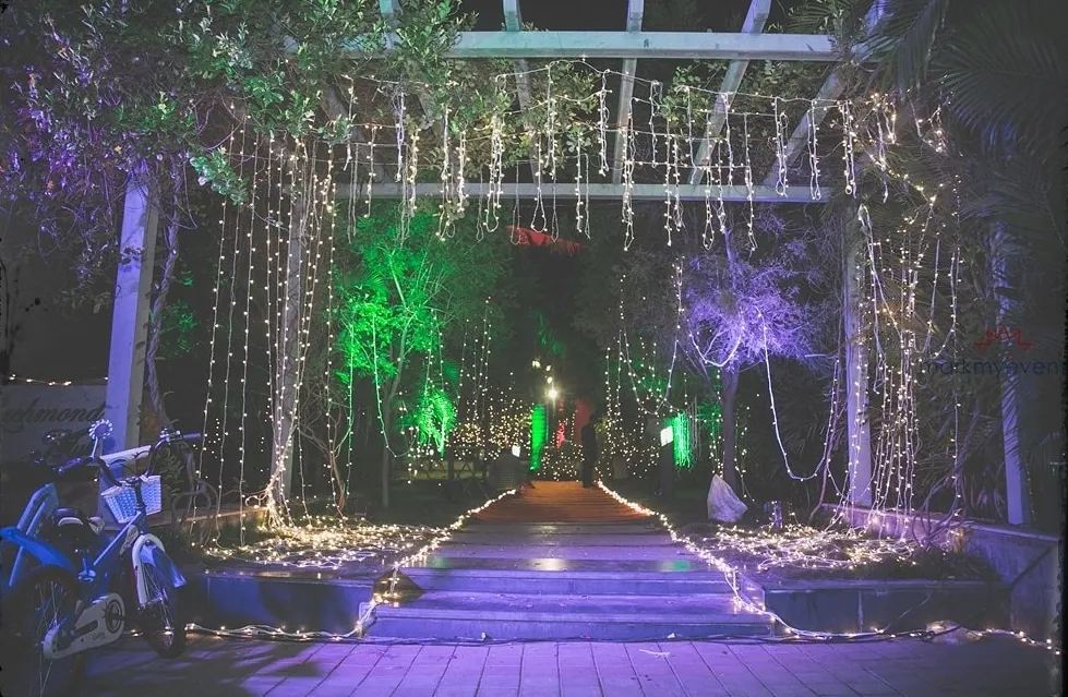 A garden pathway lit with fairy lights and coloured uplighting at night